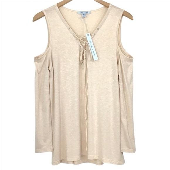 She & Sky Cold Shoulder Top Size M Lace Up V-Neck Long Sleeves Cream New NWT - Picture 5 of 8